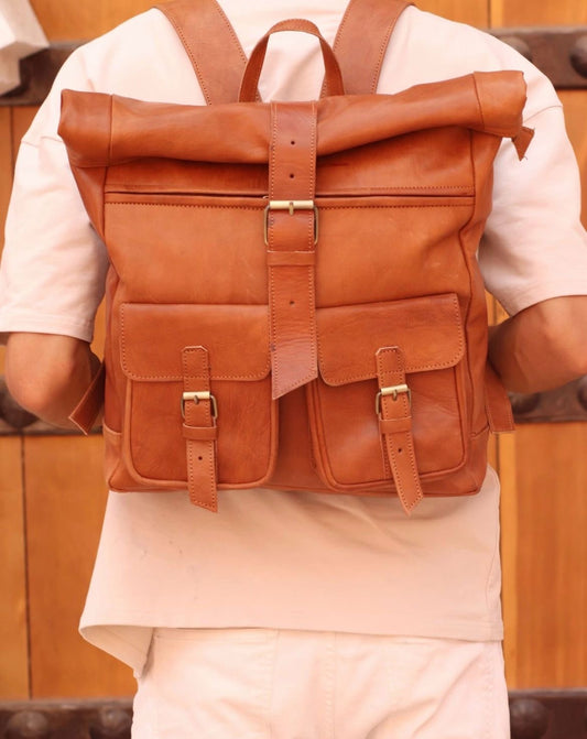 Personalized Full-Grain Leather Roll-Top Backpack – Unisex Travel & Laptop Bag
